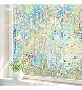 Rainbow Window Privacy Film: 3D Stained Glass Holographic Window Cling Film Heat Control Sun Bloc...