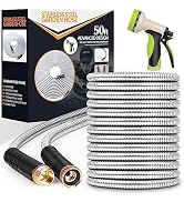 Garden Hose 50 ft, Stainless Steel Water Hose with 10 Function Nozzle Flexible, Heavy Duty, Light...