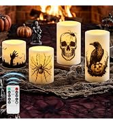 Halloween Flameless Candles Decorations Indoor with Controller, 4 Sizes | Bigmeta Crow/Skulls/Spi...