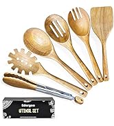 Edergoo Wood Cooking Utensils Set, 6 PCS Wooden Spoons for Cooking Includes Stainless/Wood Kitche...