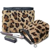 HAPPYHEIDI Leopard Print Makeup Bag Set 2, Cosmetic Travel Pouch with Zipper, Plush Faux Fur,Brow...
