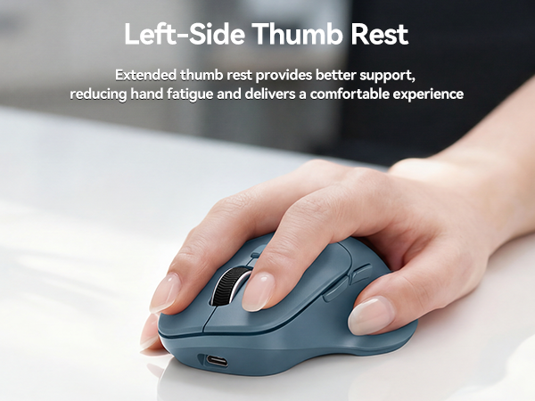 Text reads 'Left-Side Thumb Rest' and 'Extended thumb rest provides better support, reducing hand fatigue and delivers a comfortable experience.' Dark ergonomic mouse with extended thumb rest being held by two hands demonstrating comfort positioning.