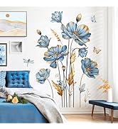 decalmile Large Blue Flower Wall Stickers Floral Butterfly Plants Gold Leaves Wall Decals Bedroom...