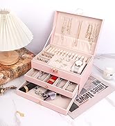 RQQM Jewelry Box 3 Tier Pink PU Leather, 2 Drawer, Cute Style Necklace Earring Organizer and Stor...