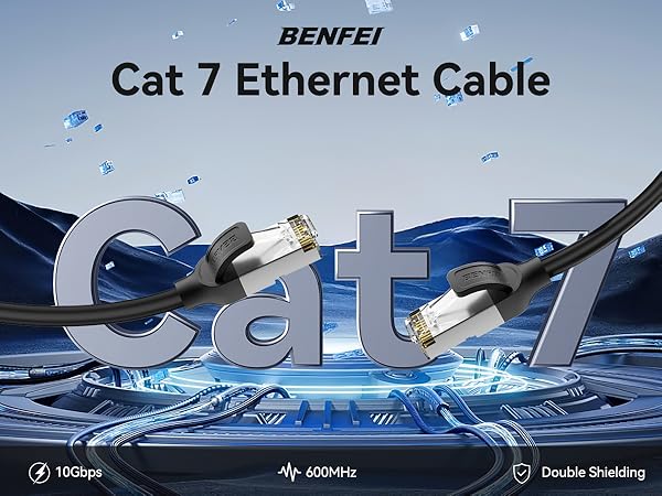 Text reads 'BENFEI Cat 7 Ethernet Cable'. Marketing image showing ethernet cable splashing in water, with metallic 'Cat 7' text overlay against blue water background.