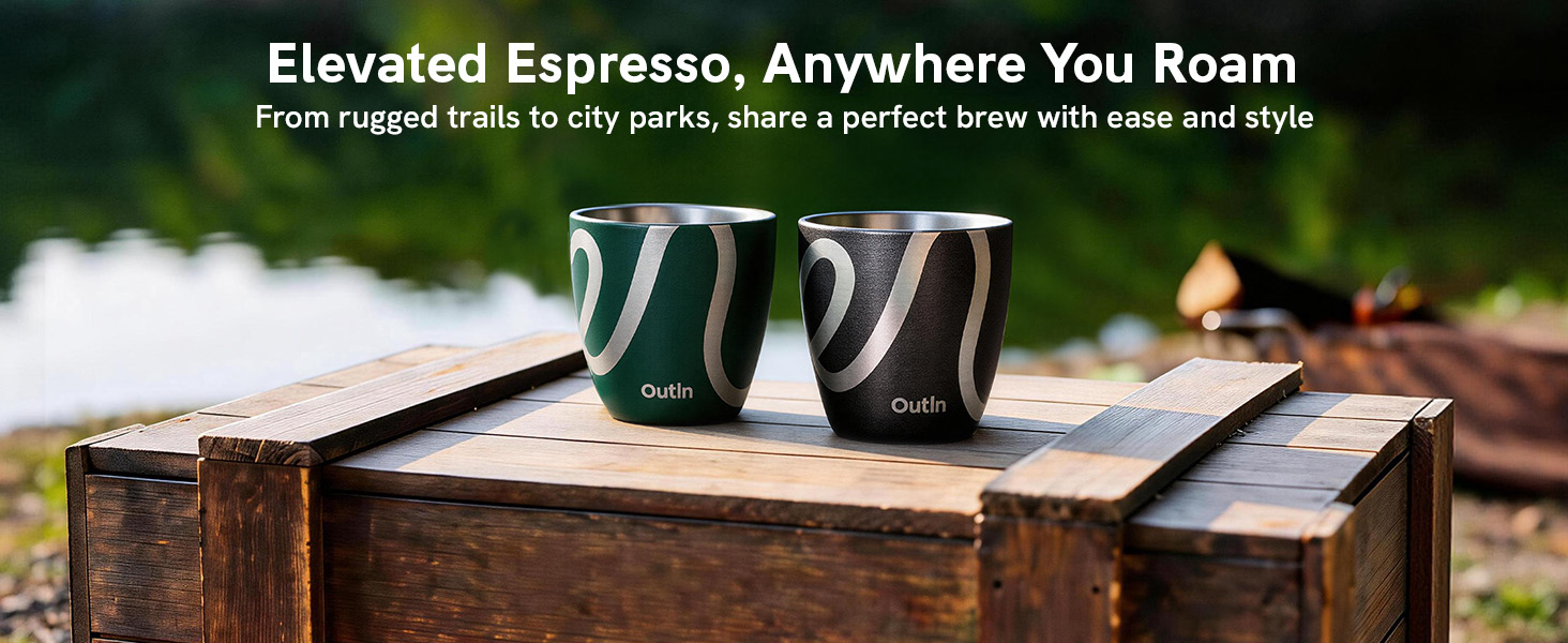Text reads: 'Elevated Espresso, Anywhere You Roam'. Two portable espresso makers shown on wooden surface against blurred outdoor background.
