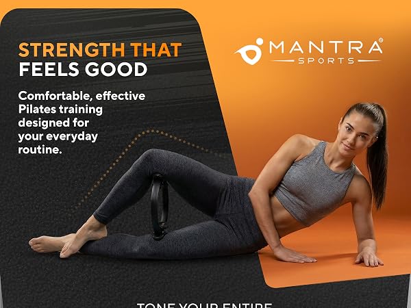Woman using a 13 inch Pilates ring during a home workout