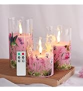 Eywamage Pink Hummingbird Floral Glass Flameless Candles with Remote, Flickering Battery LED Pill...