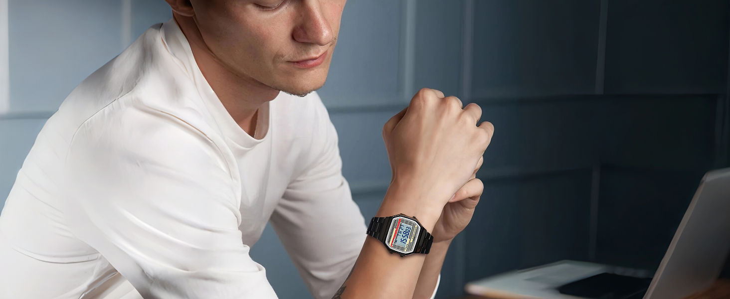 Black square digital watch on wrist, retro metal digital watch for work and casual outfits