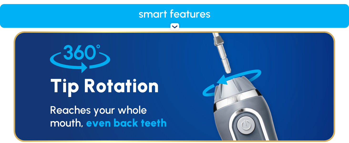 Image of Waterpik tooth flosser tip with text reading three hundred sixty tip rotation.