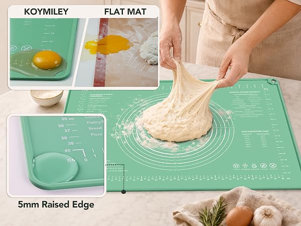 5mm raised edge helps contain flour, water and sticky dough scraps on the mat
