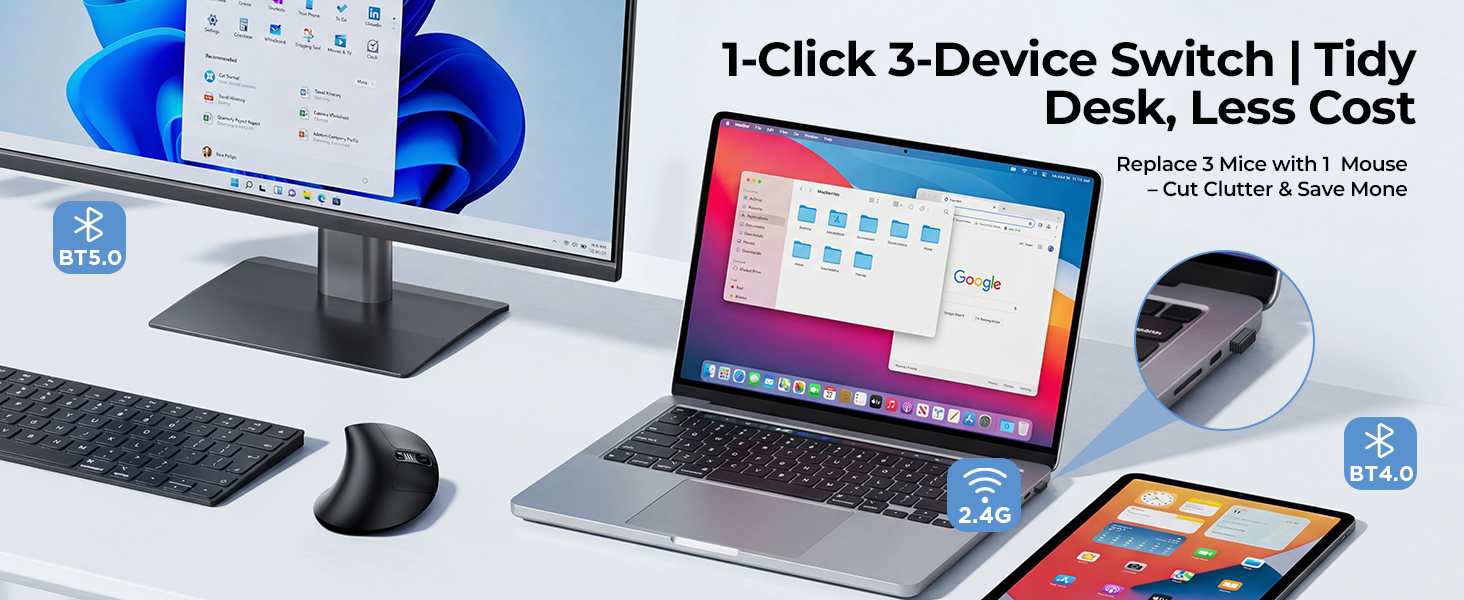 Text reads '1-Click 3-Device Switch | Tidy Desk, Less Cost' and device control features. Laptop, smartphone, tablet, and keyboard arranged on desk demonstrating multi-device connectivity and switching capabilities.