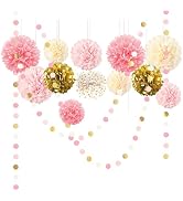 AOBKIAT Wedding Baby Shower Decorations Set,15PCS Pink Gold Tissue Paper Pom Poms,Circle Dots Col...