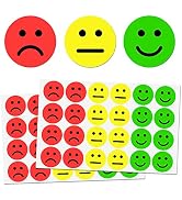 Three large emoji-style faces in red, yellow, and green, showing sad, neutral, and happy expressions. Below, sheets of smaller circular stickers with matching colors and expressions.