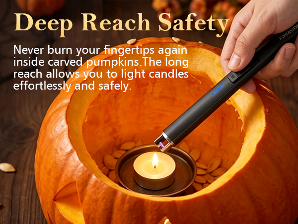 Close-up of a FUKKUDA long neck arc lighter igniting a small candle deep inside a Jack-o'-lantern