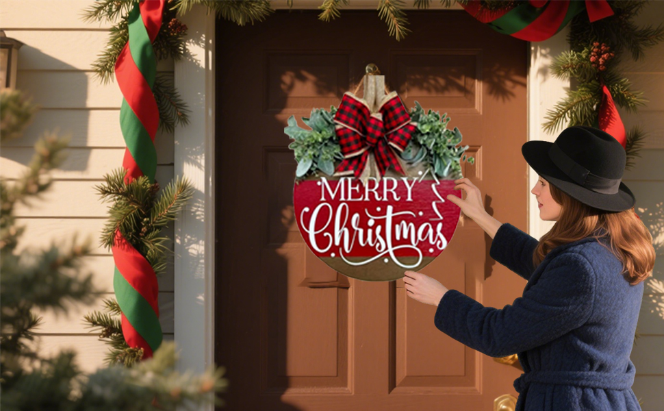 Merry Christmas Wreath Hanging Sign for Front Door, Wooden Welcome Wreaths Sign