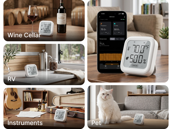 WiFi temperature humidity monitor for wine cellars, pets, RVs, instruments and home use