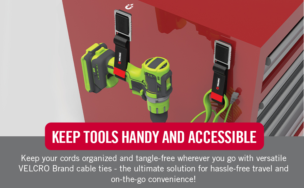 VELCRO Brand magnetic strap attaching drill to steel cabinet in workshop
