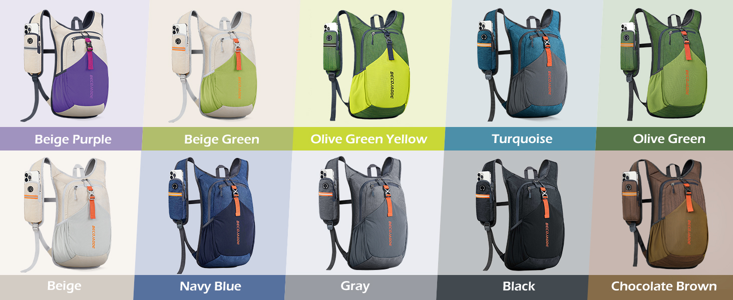 Color variants of backpacks displayed in a row, showing options in Beige Purple, Beige Green, Light/Neon Yellow, Turquoise, Olive Green, Navy Blue, and Chocolate Brown colors.