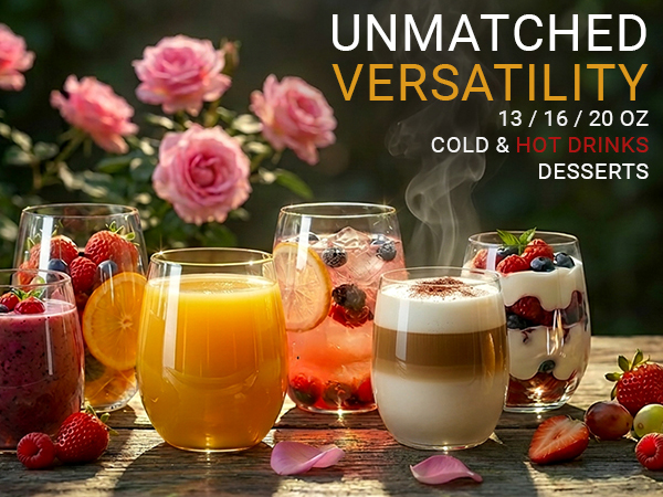 Wine tumblers versatile uses: juice, smoothies, coffee, and desserts outdoors.