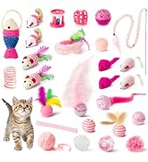 MALLMALL6 Cat Interactive Toys Set - 27Pcs Kitten Toys Stuff Pink Feather Teaser Wand Springs Mic...