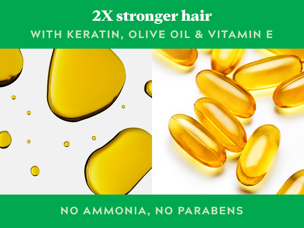 2X stronger hair. With keratin, olive oil & vitamin E. No ammonia, no parabens.