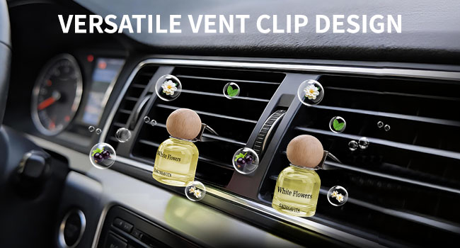 Text reads: 'VERSATILE VENT CLIP DESIGN'. Close-up of car air vent with small fragrance bottles clipped to the slats, dashboard visible in background.