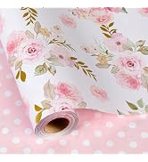 Burymento Pink Flower Wrapping Paper, Reversible Pink Wave Point Gift Wrap for Birthday, Valentin...