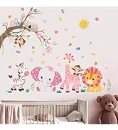 Amimagen Pink Forest Baby Animals Wall Decals - Elephant Lion Giraffe Monkey Zebra Wall Stickers ...