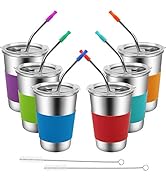 Stainless Steel Kids Cups, 6 Pack 16oz Leak Proof Kids Straw Cup Sippy Tumblers with Lid and Stra...