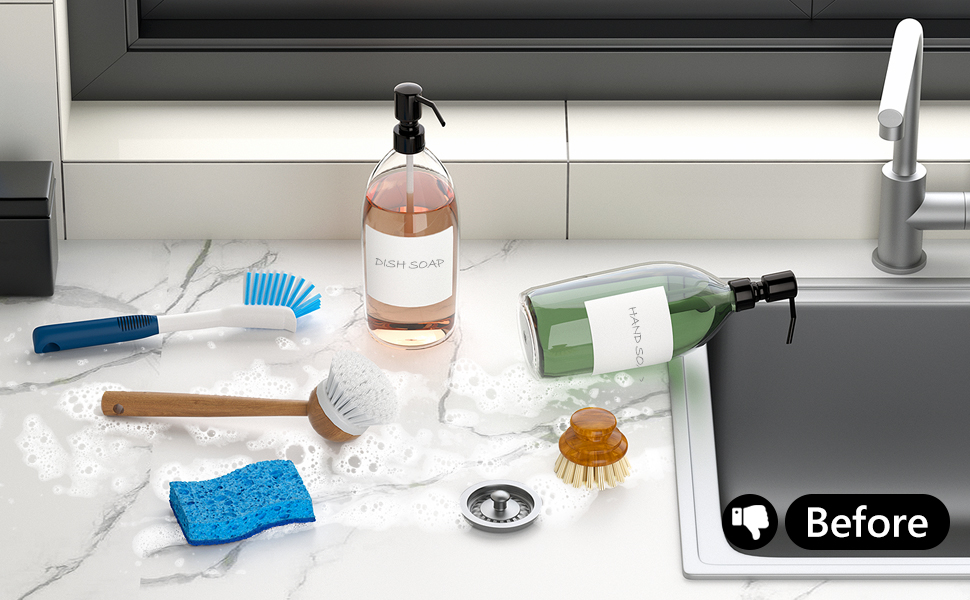wet cleaning tools messing up the kitchen and wetting the countertop