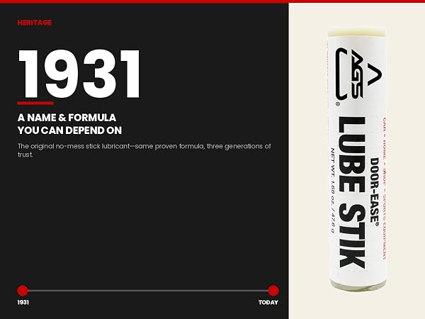 Door-Ease Lube Stik with 1931 heritage year and timeline to today