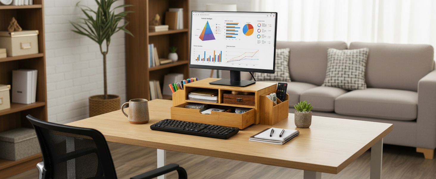 2 Tier Bamboo Desktop Organizer, Desk Monitor Stand Riser