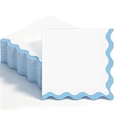Houuqe 80 Pcs Blue and White Scalloped Cocktail Napkins Light Blue Wavy Edge Napkins 6.5'' Dispos...