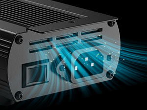 Cross-section diagram of electronic device showing blue airflow patterns through internal ventilation system and grilles.