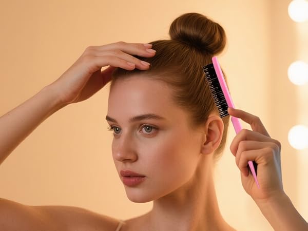 Person in warm lighting adjusting hair in front of vanity mirror.