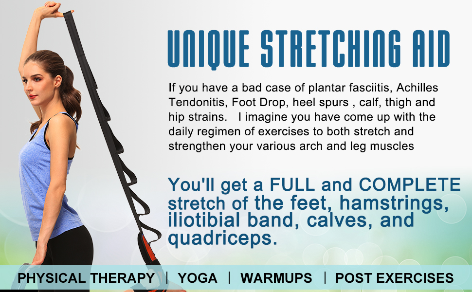 stretch of the foot, hamstrings, iliotibial band, calves, and quadriceps