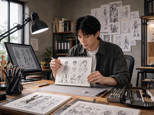 A young artist uses a SuFly sketchbook for character design, concept sketches, and studio drawing.