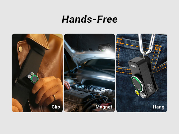 agnetic base, pocket clip, and lanyard hole for hands-free use on metal, hats, belts, or hanging.