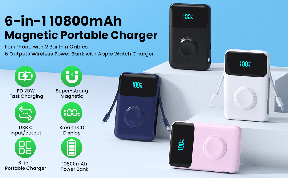Magnetic Portable Charger 10800mAh for iPhone with Built-in Cables