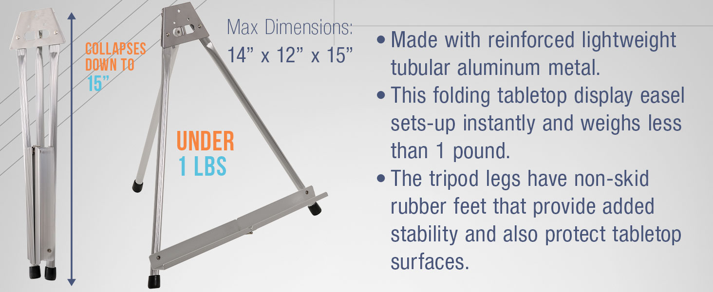 Lightweight aluminum tabletop easel, 14x12x15 in, folds to 15 in, under 1 lb, non-skid rubber feet