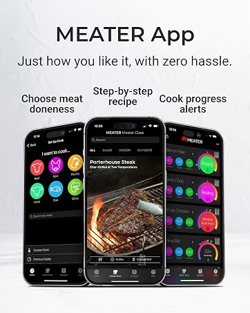 MEATER App interface showcasing meat doneness selection, step-by-step recipes, and cook progress alerts on smartphone screens. Features colorful circular icons.