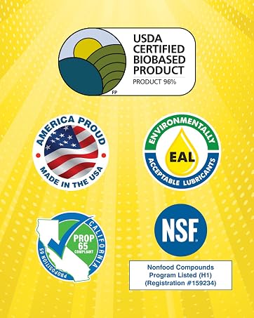 USDA Certified Biobased Product, Made in the USA, Environmentally Acceptable Lubricant, Prop 65, NSF