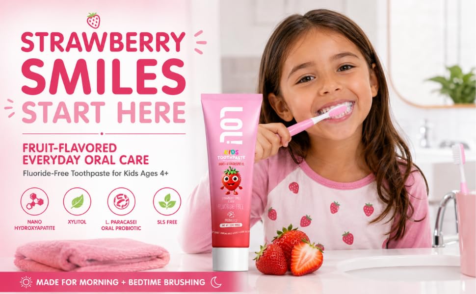 Latin Girl brushing with LOL Kids Strawberry fluoride-free toothpaste.
