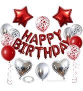 WEIKA 27 Pcs Red Silver Birthday Decorations, Red Happy Birthday Letters Balloon Banner 3D, Penta...