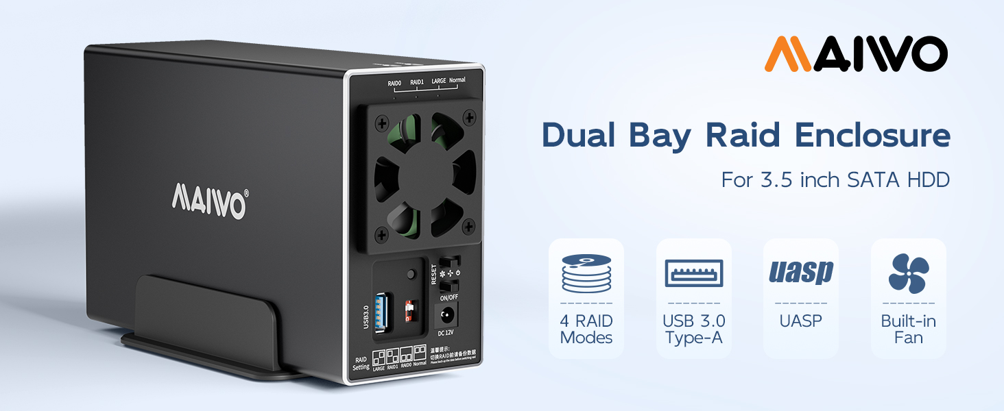 Dual Bay HDD RAID Enclosure for 3.5 inch SATA Hard Disk Drive, 5Gbps USB 3.0 to SATA Drive Adapter