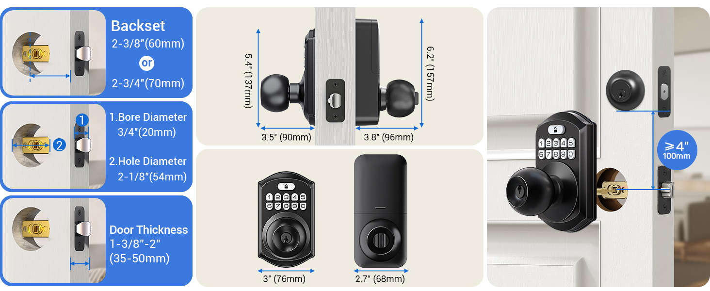 it fits doors with 54 mm door holes, 60/70 mm backset, and 35–50 mm door thickness