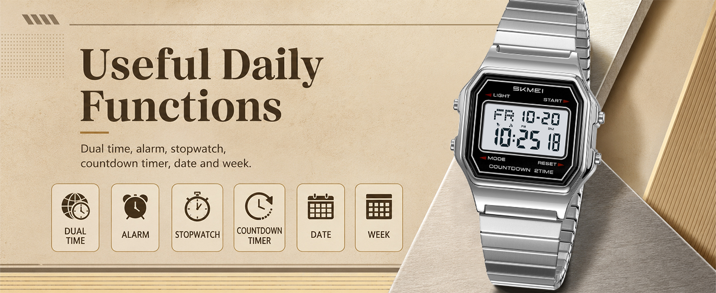 Multi-function digital watch with alarm, stopwatch, countdown, date and dual time