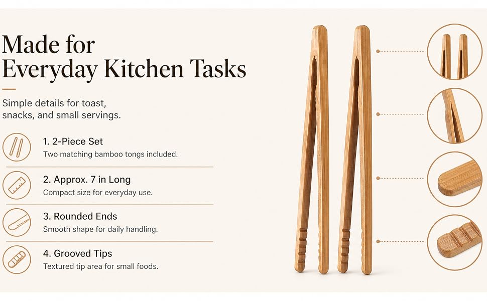 Bamboo toast tongs with 2-piece set size rounded ends and grooved tips