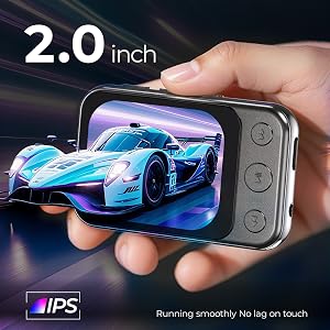 Text reads '2.0 inch' and 'IPS'. Series of images showing a device with glowing blue display screen being handled.